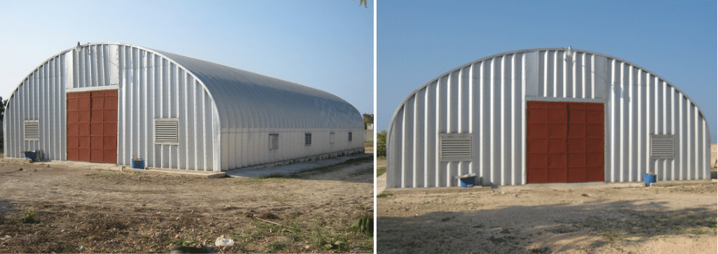 s-model quonset building, steel endwalls, red entrance doors